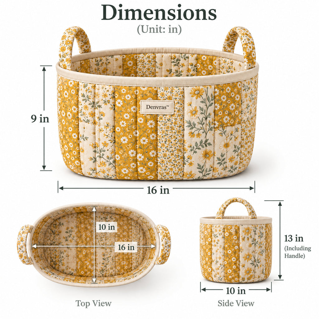 Denvras™ Golden Meadow Patchwork Oval Storage Basket — size chart