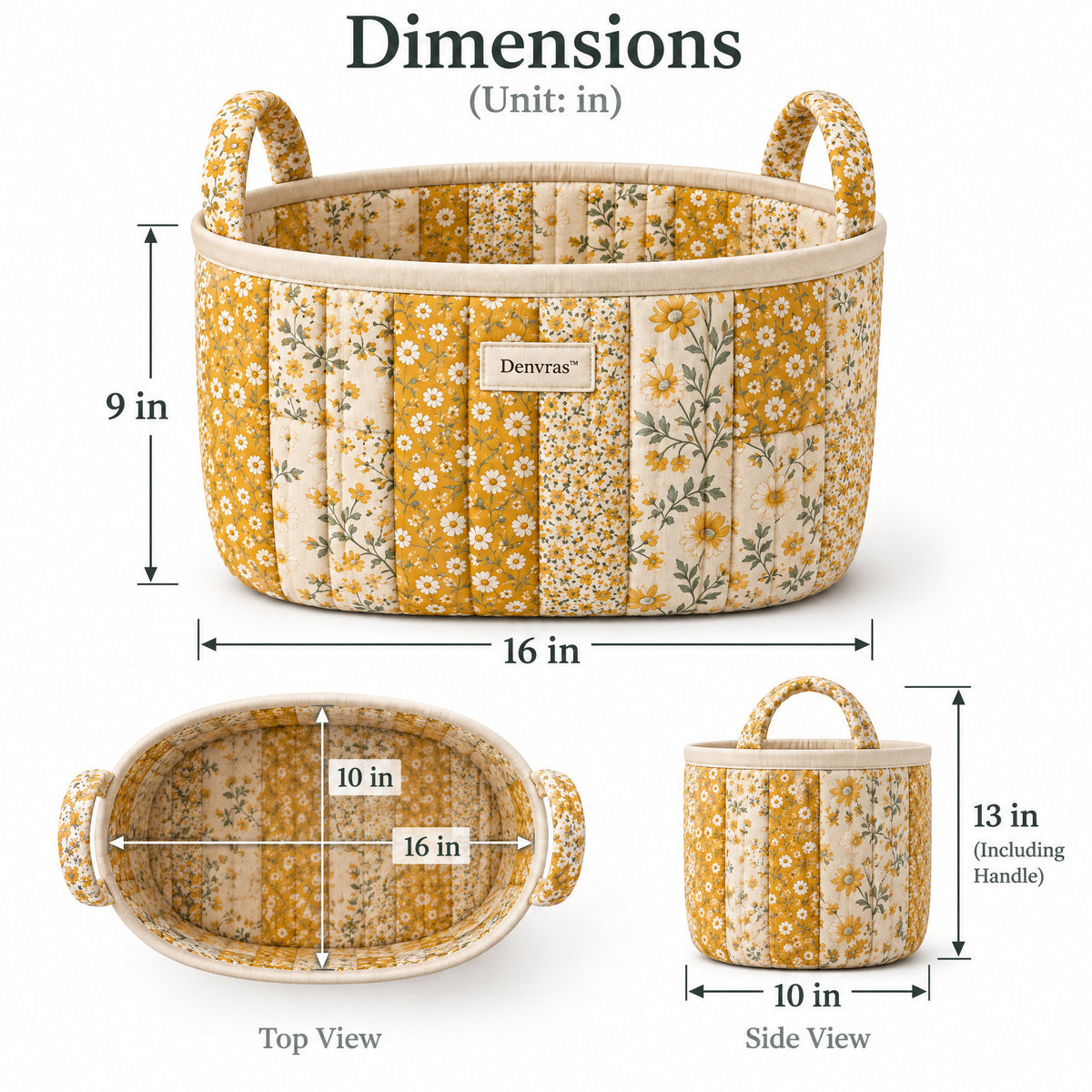 Denvras™ Golden Meadow Patchwork Oval Storage Basket — size chart