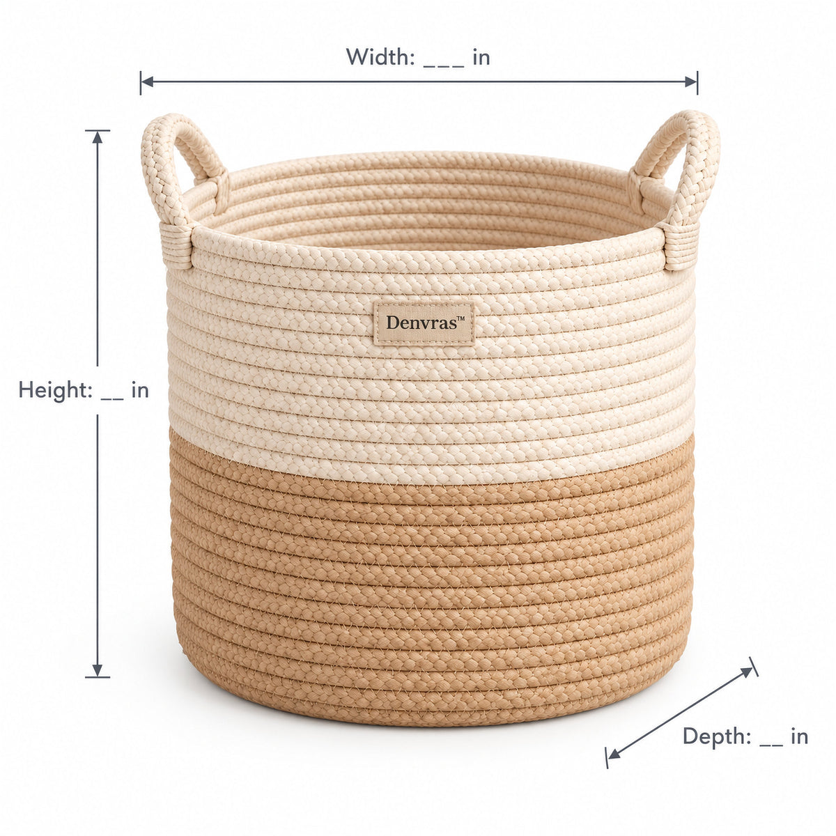 Denvras™ Natural Two-Tone Braided Rope Storage Basket — size diagram