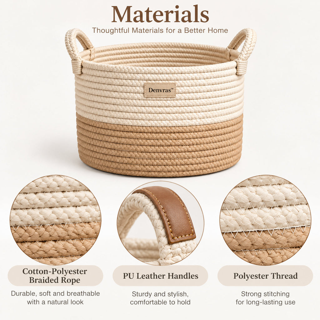 Denvras™ Natural Two-Tone Braided Rope Storage Basket — material details