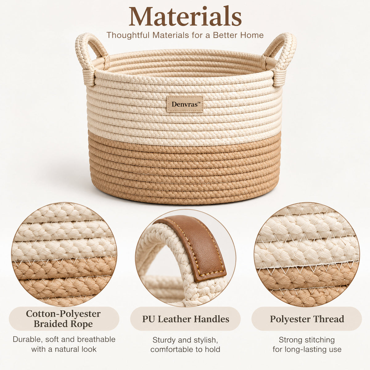 Denvras™ Natural Two-Tone Braided Rope Storage Basket — material details