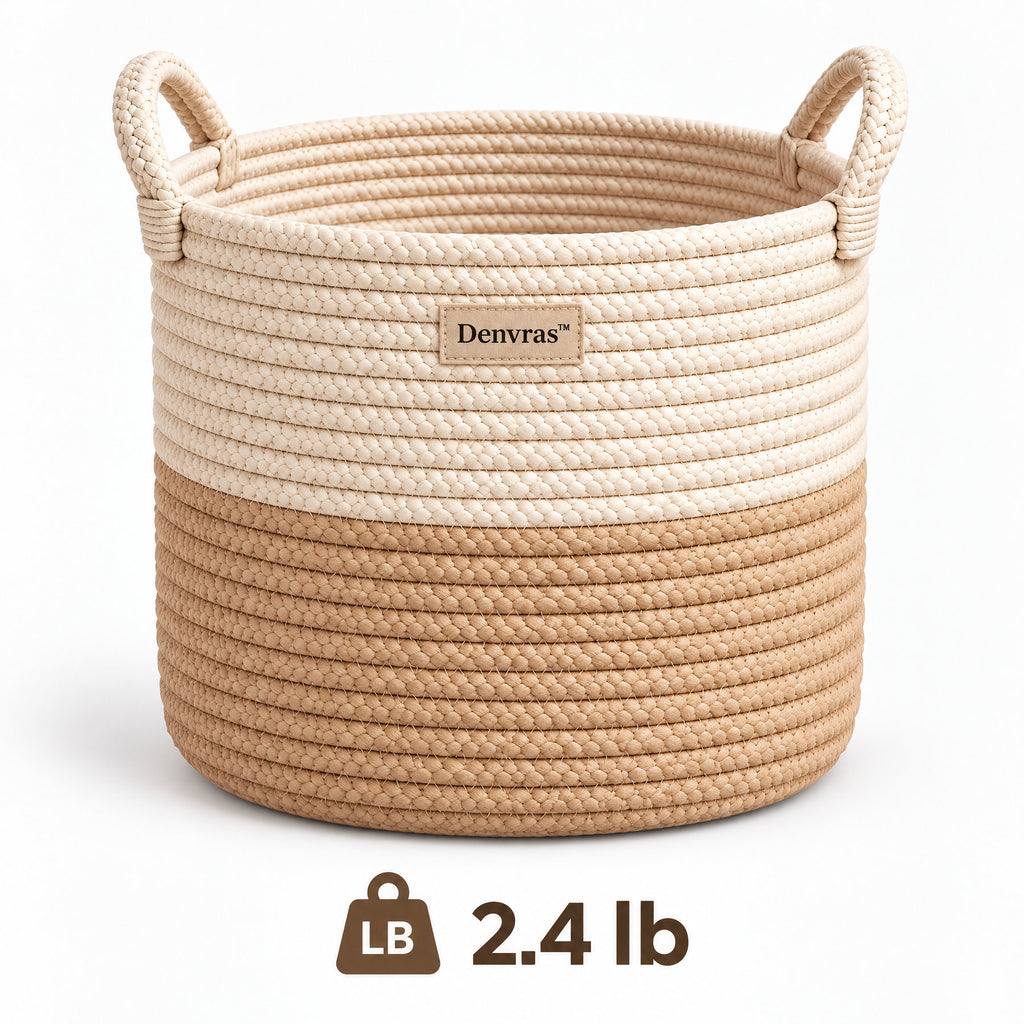 Denvras™ Natural Two-Tone Braided Rope Storage Basket — weight and product view