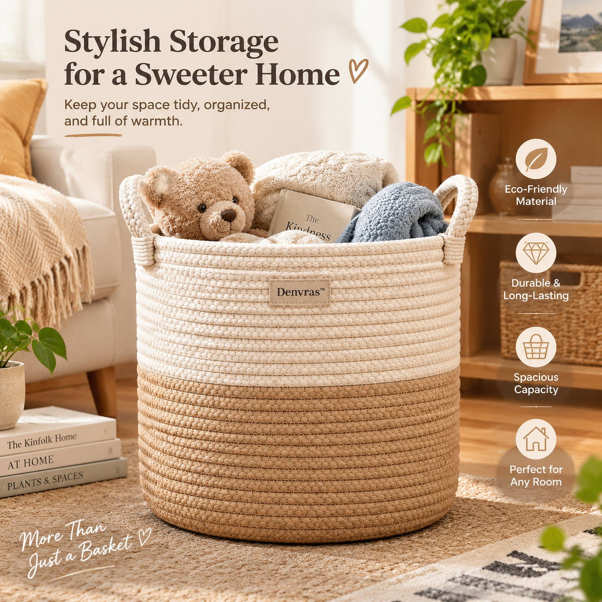 Denvras™ Natural Two-Tone Braided Rope Storage Basket — lifestyle scene