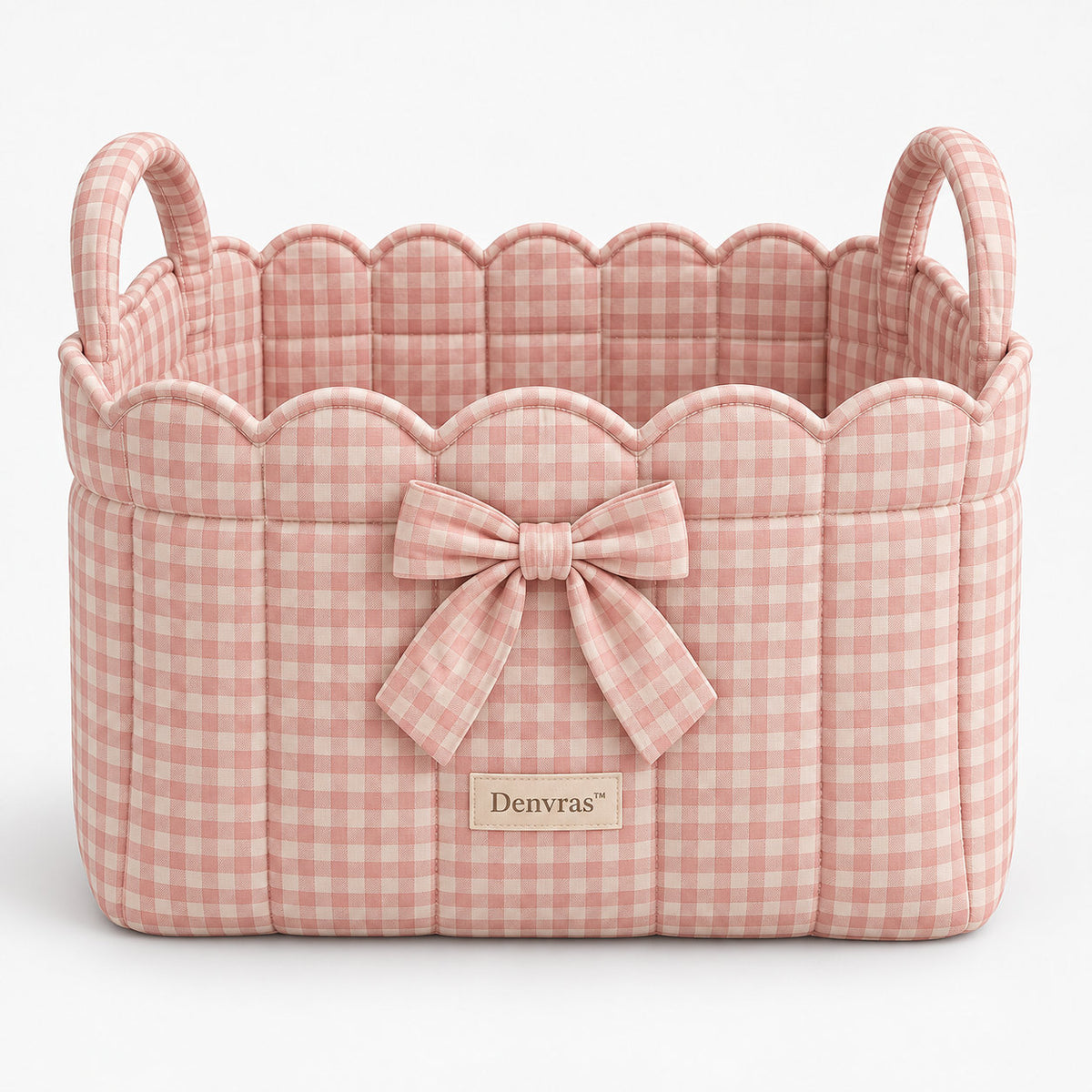 Denvras™ Pink Gingham Bow Scalloped Storage Basket — front view