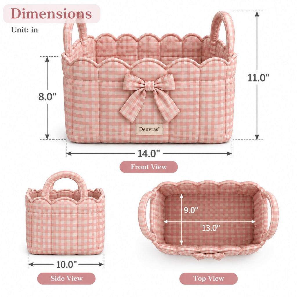 Denvras™ Pink Gingham Bow Scalloped Storage Basket — size diagram