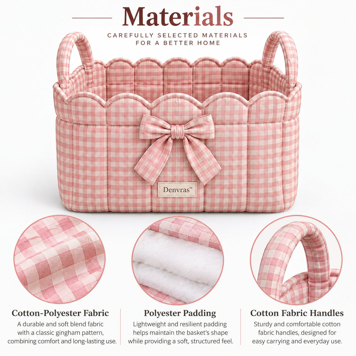 Denvras™ Pink Gingham Bow Scalloped Storage Basket — material details