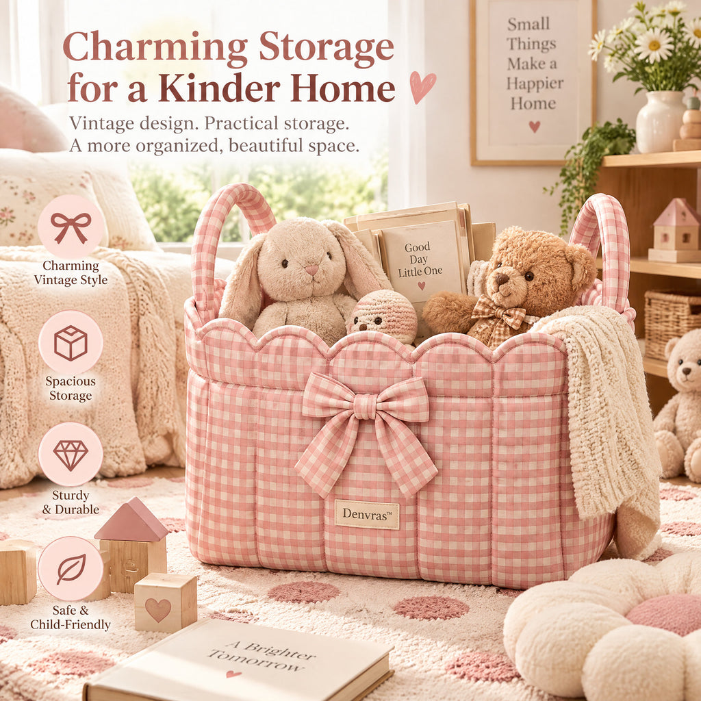 Denvras™ Pink Gingham Bow Scalloped Storage Basket — lifestyle scene