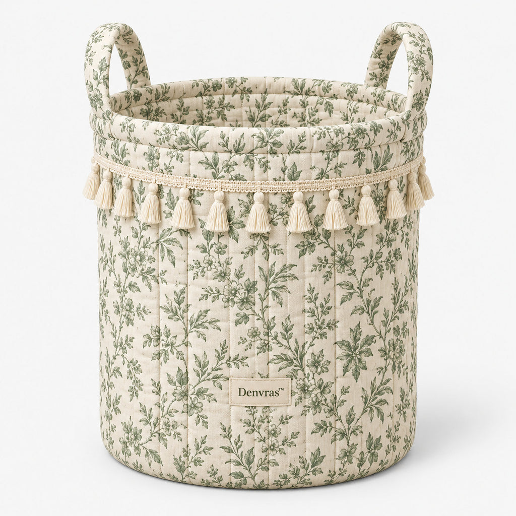 Denvras™ Sage Botanical Tassel Round Storage Basket — front view