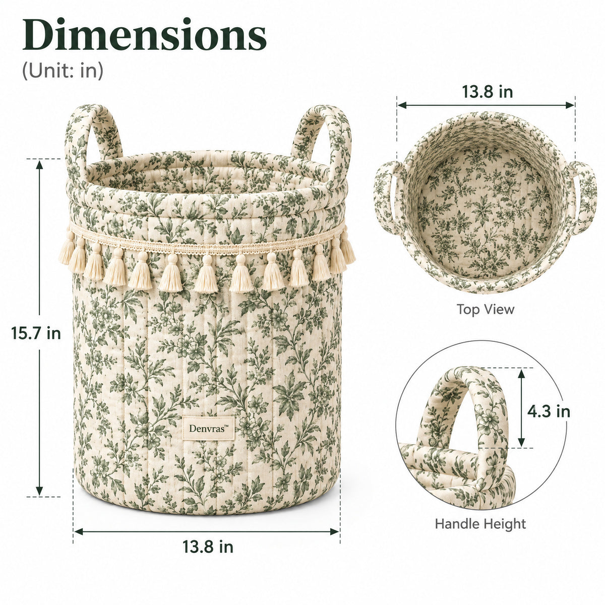 Denvras™ Sage Botanical Tassel Round Storage Basket — size diagram
