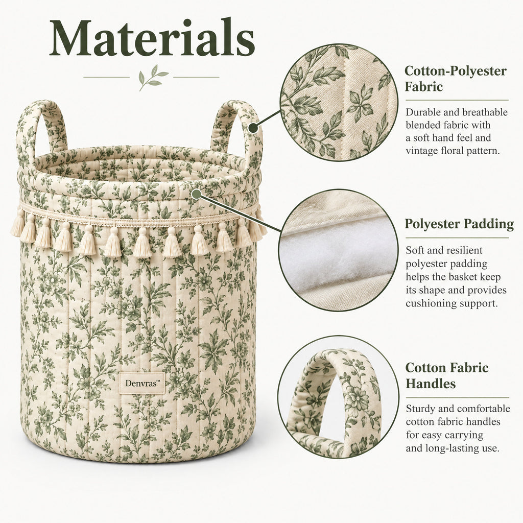 Denvras™ Sage Botanical Tassel Round Storage Basket — material details