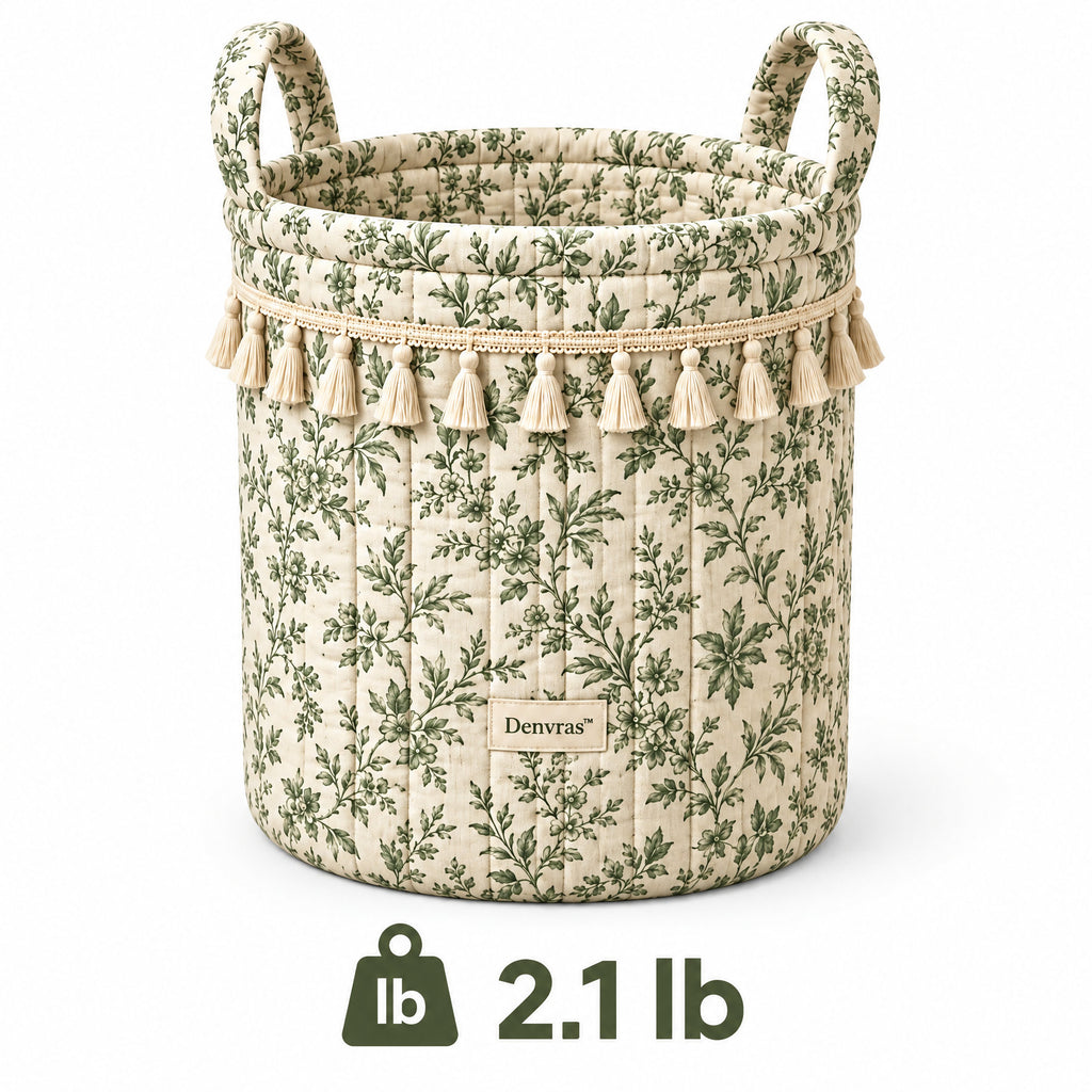 Denvras™ Sage Botanical Tassel Round Storage Basket — weight and product view