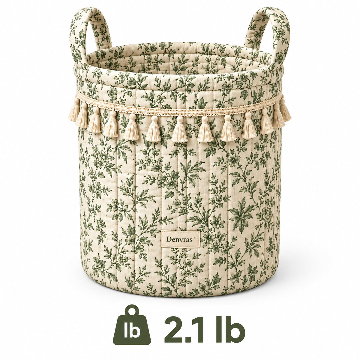 Denvras™ Sage Botanical Tassel Round Storage Basket — weight and product view