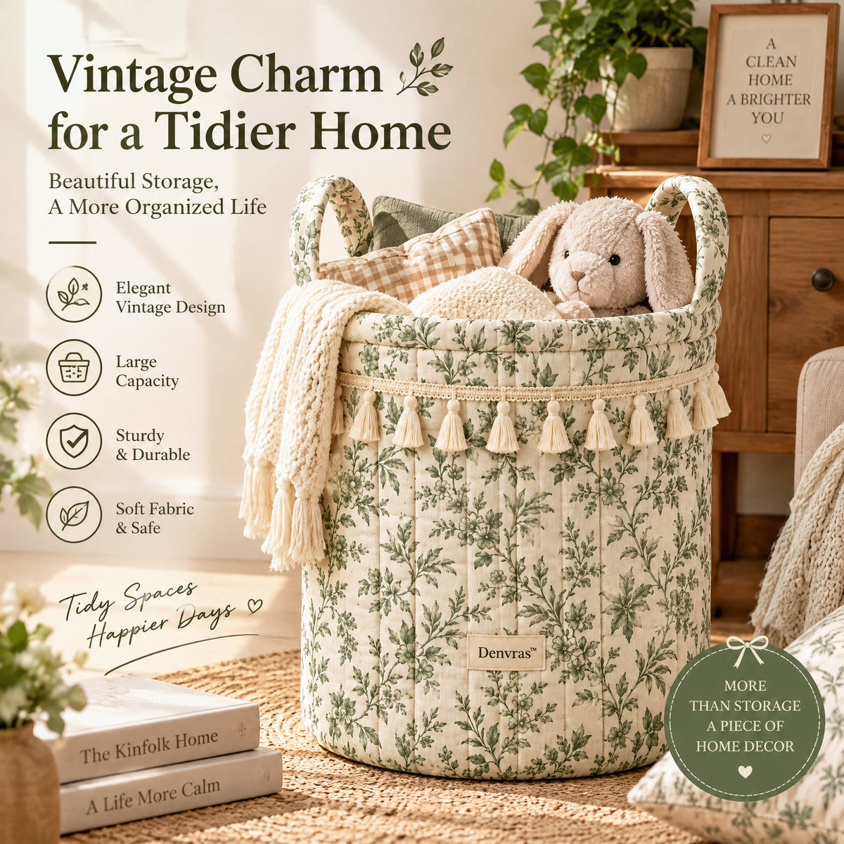 Denvras™ Sage Botanical Tassel Round Storage Basket — lifestyle scene