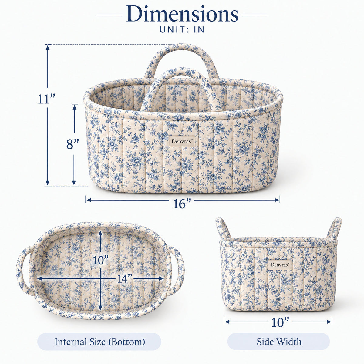 Denvras™ Blue Meadow Floral Oval Storage Basket — size diagram