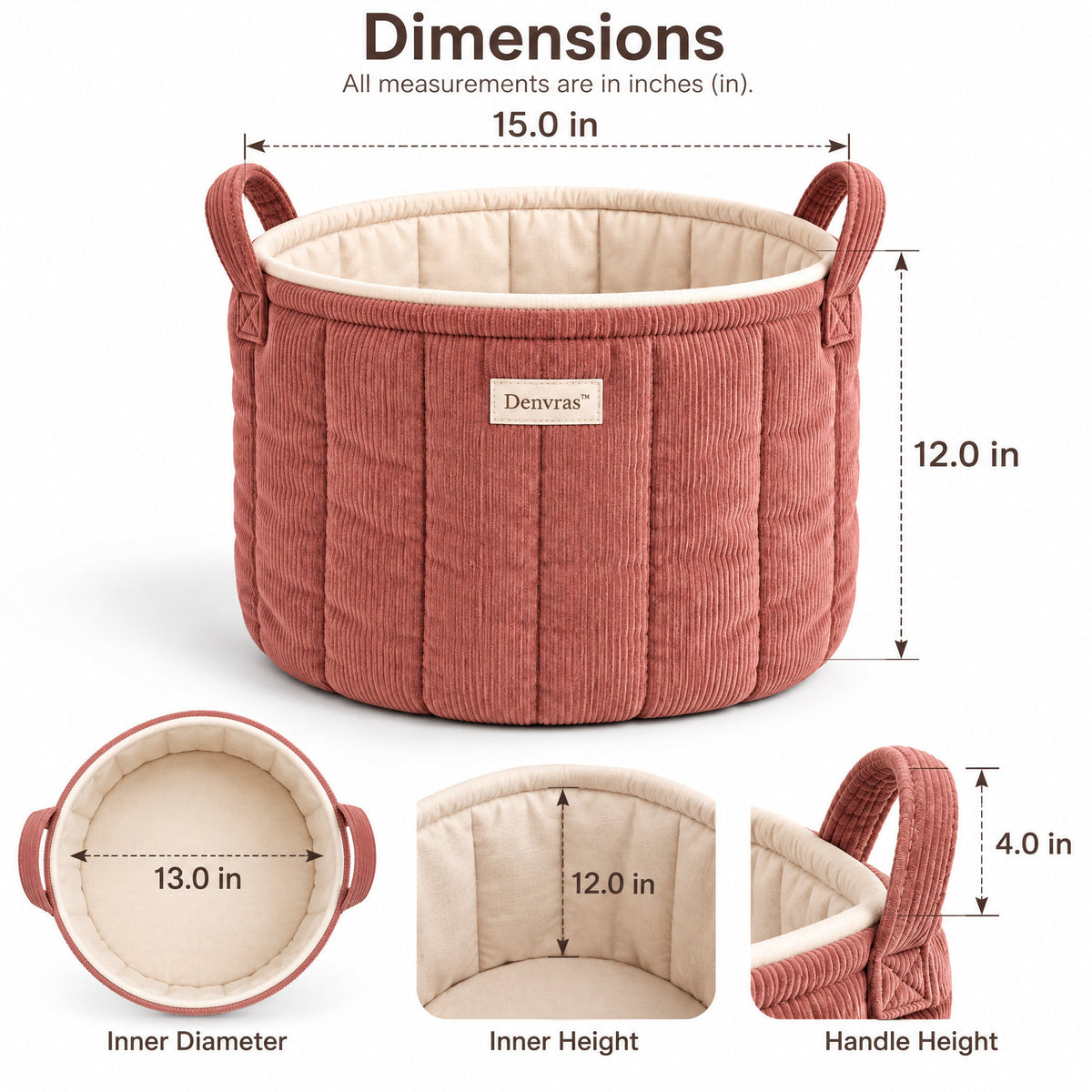 Denvras™ Terracotta Corduroy Round Storage Basket — dimensions