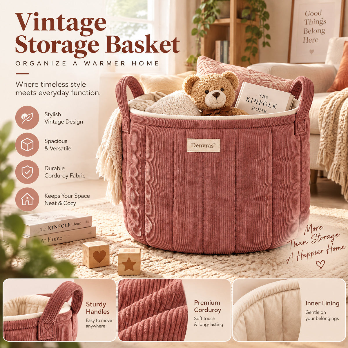 Denvras™ Terracotta Corduroy Round Storage Basket — styled home