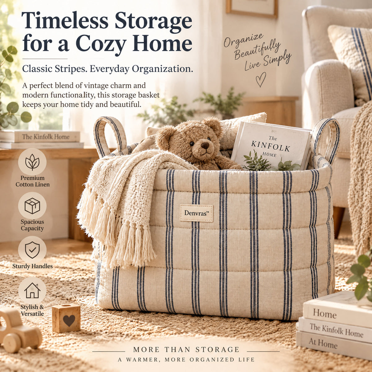 Denvras™ Classic Blue Stripe Rectangular Storage Basket — styled home