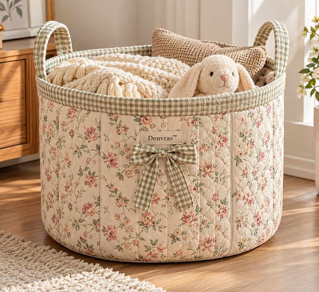 Denvras™ Rose Garden Floral Gingham Bow Storage Basket — product view