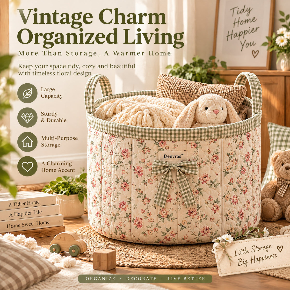 Denvras™ Rose Garden Floral Gingham Bow Storage Basket — styled home