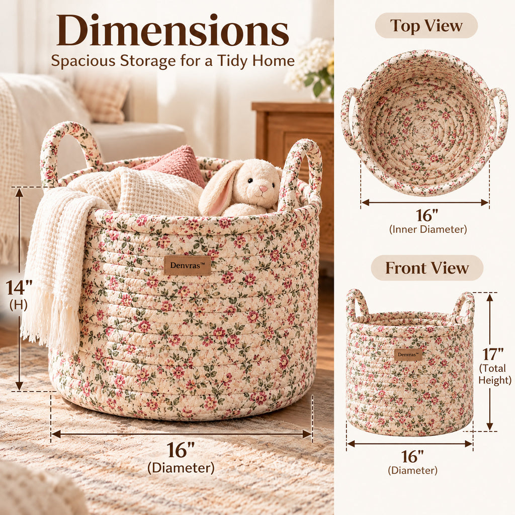Denvras™ Blush Wildflower Braided Round Storage Basket — dimensions