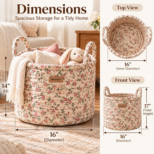 Denvras™ Blush Wildflower Braided Round Storage Basket — dimensions