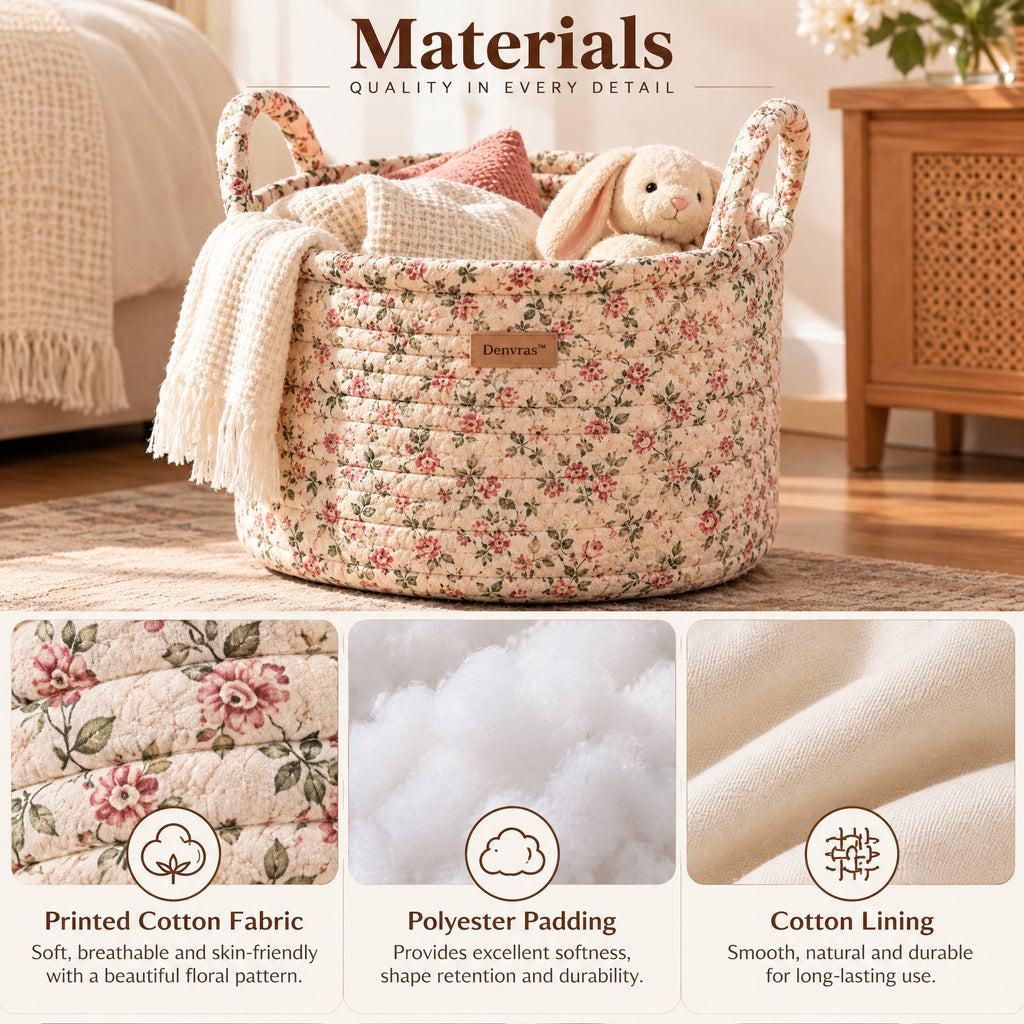Denvras™ Blush Wildflower Braided Round Storage Basket — materials