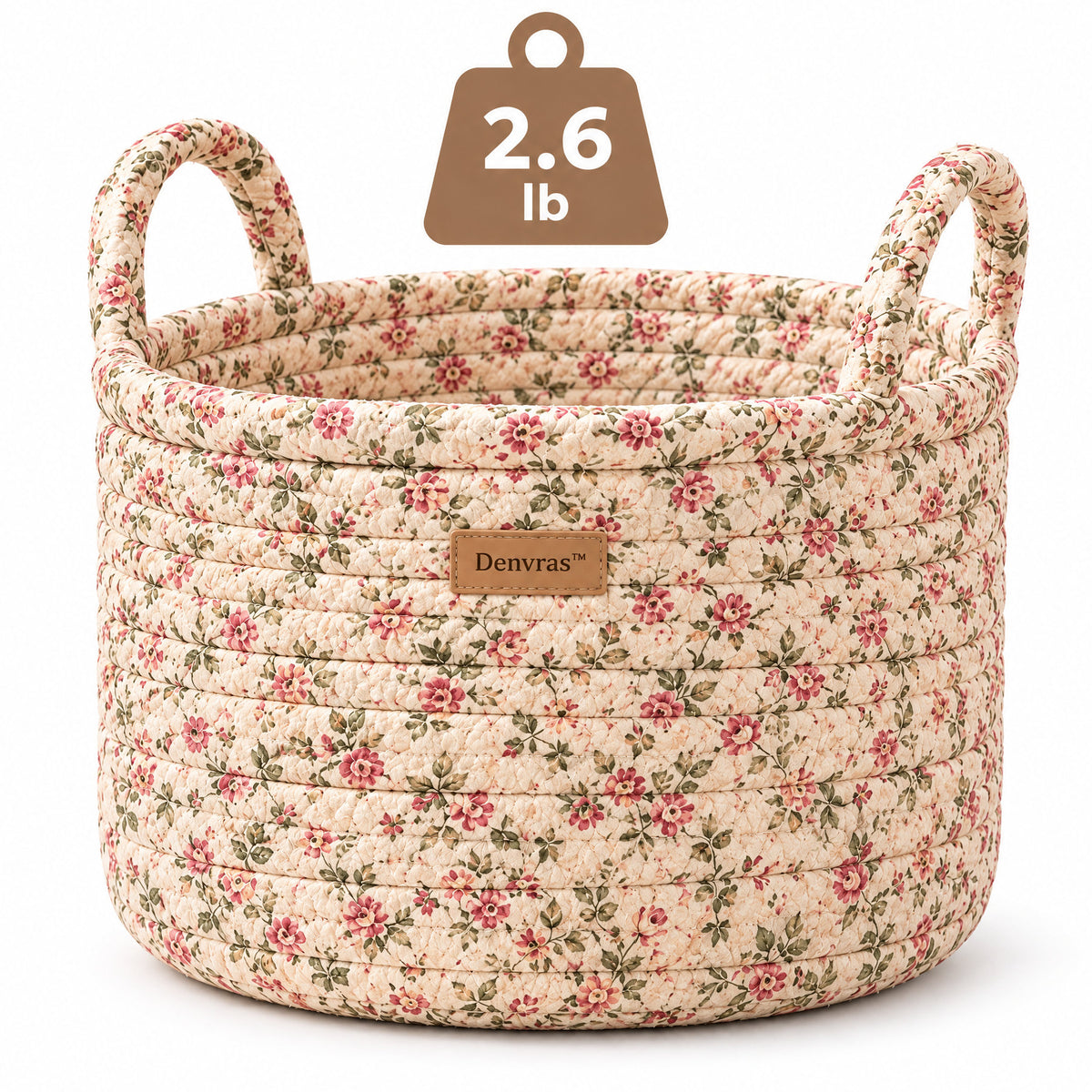 Denvras™ Blush Wildflower Braided Round Storage Basket — weight and detail