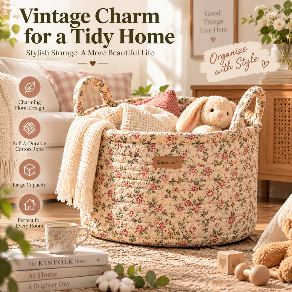Denvras™ Blush Wildflower Braided Round Storage Basket — styled home
