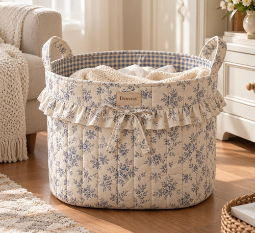 Denvras™ Blue Floral Ruffle Round Storage Basket — product view