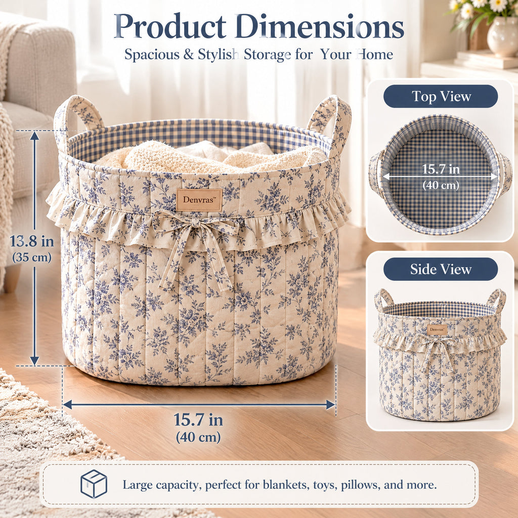 Denvras™ Blue Floral Ruffle Round Storage Basket — dimensions