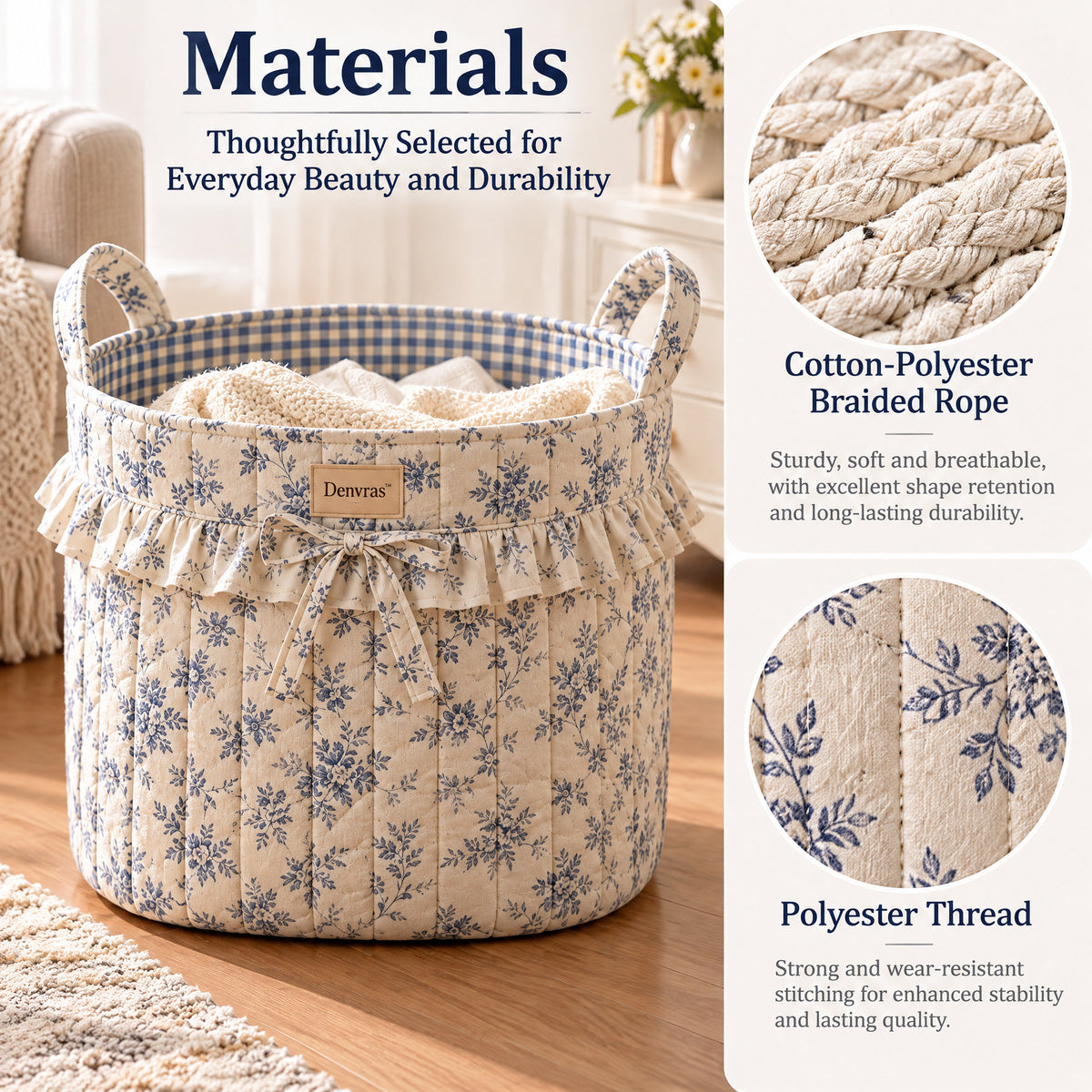 Denvras™ Blue Floral Ruffle Round Storage Basket — materials