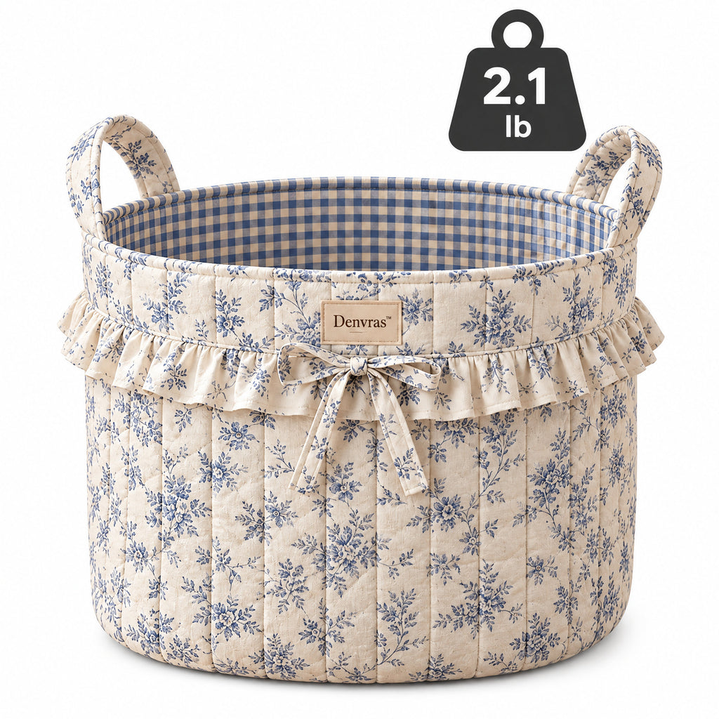 Denvras™ Blue Floral Ruffle Round Storage Basket — weight and detail