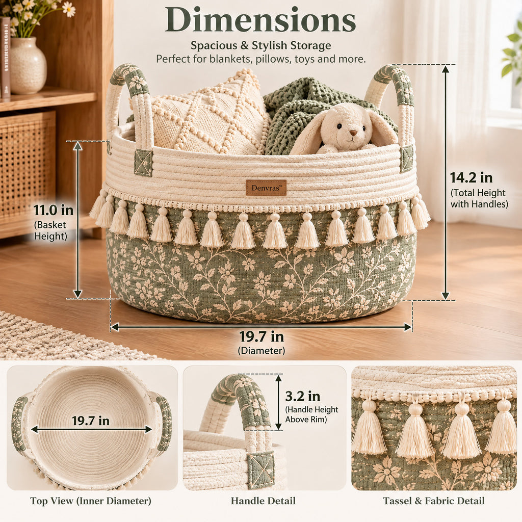 Denvras™ Olive Botanical Tassel Round Storage Basket — dimensions