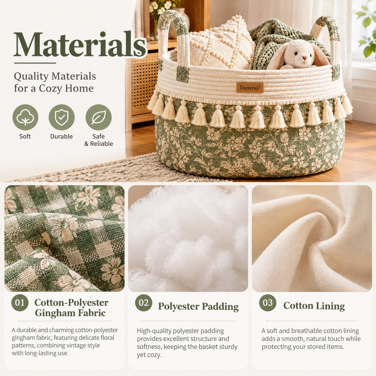 Denvras™ Olive Botanical Tassel Round Storage Basket — materials