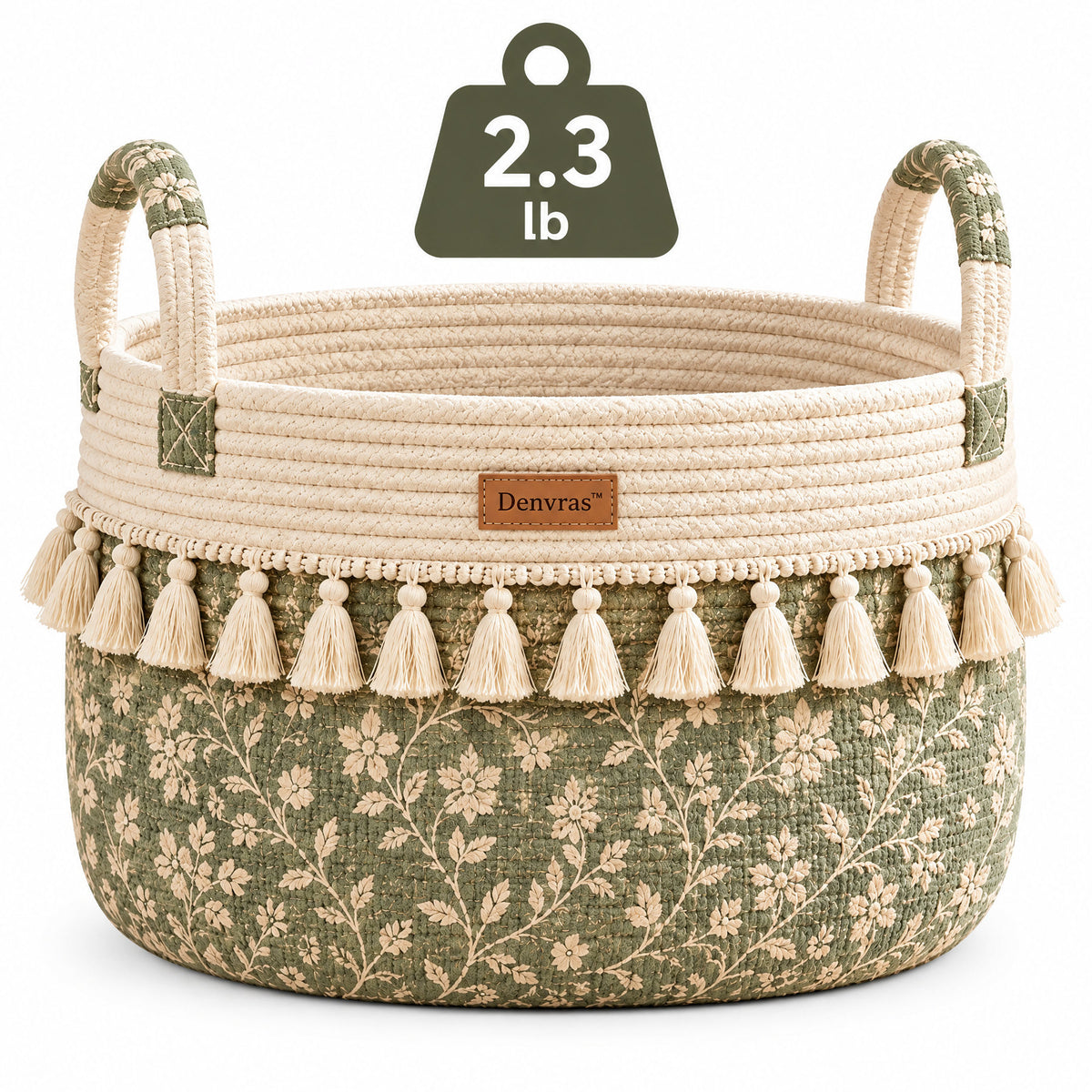 Denvras™ Olive Botanical Tassel Round Storage Basket — weight and detail