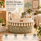 Denvras™ Olive Botanical Tassel Round Storage Basket — styled home