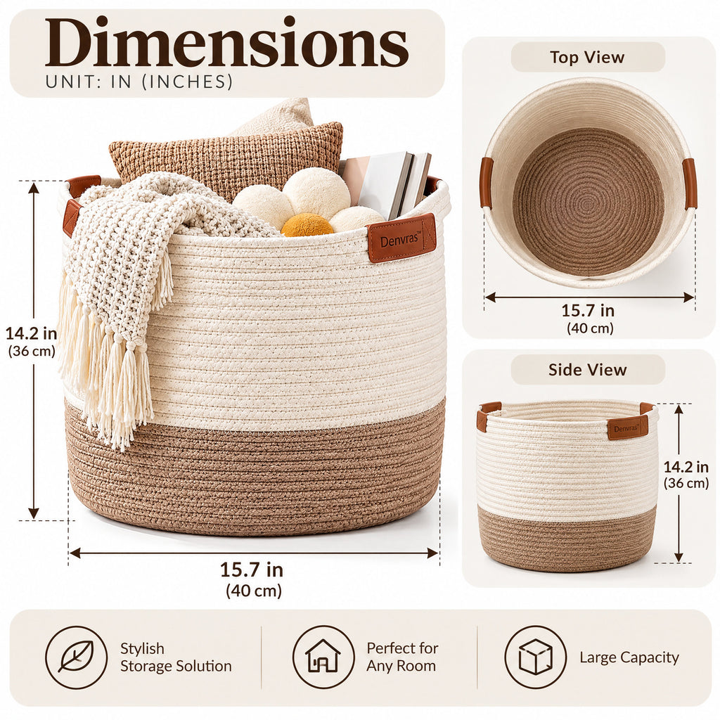 Denvras™ Natural Ivory & Sand Rope Storage Basket — dimensions