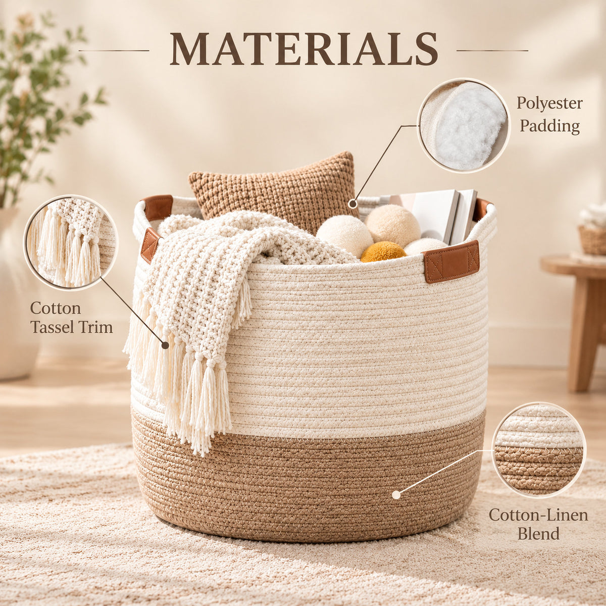 Denvras™ Natural Ivory & Sand Rope Storage Basket — materials
