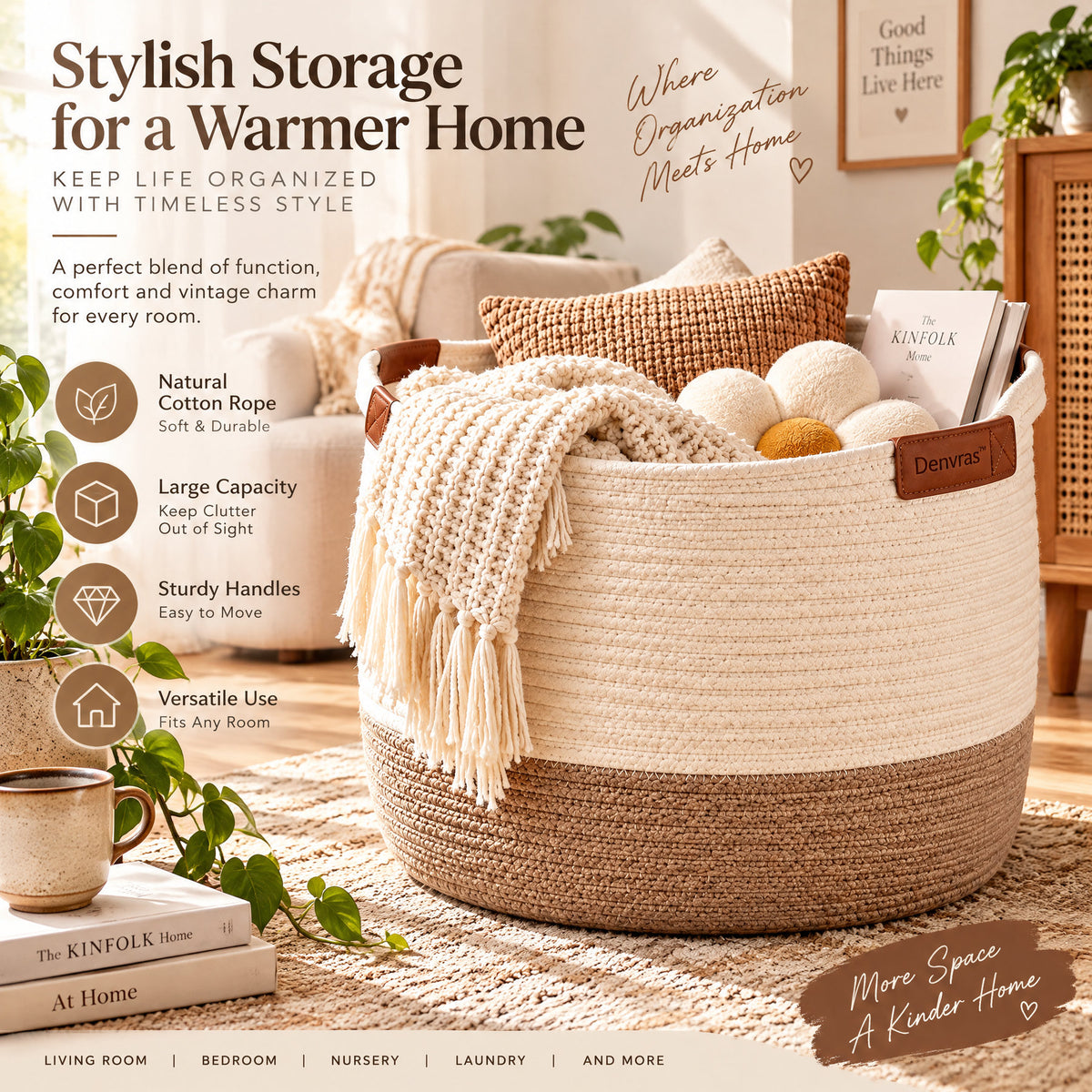 Denvras™ Natural Ivory & Sand Rope Storage Basket — styled home