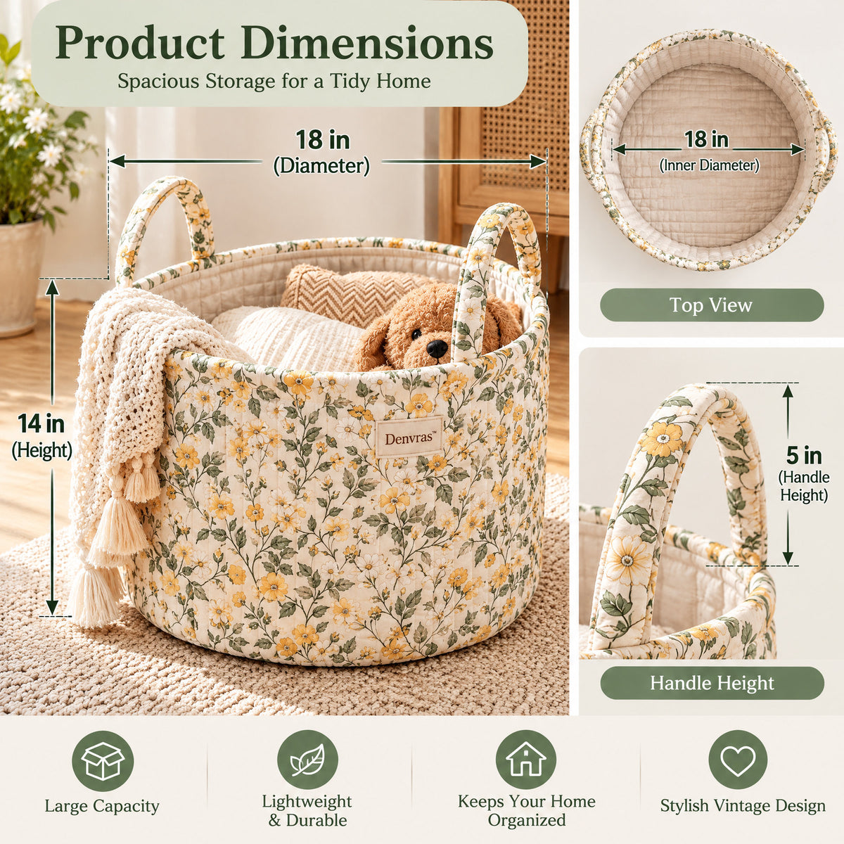 Denvras™ Golden Wildflower Round Storage Basket — dimensions