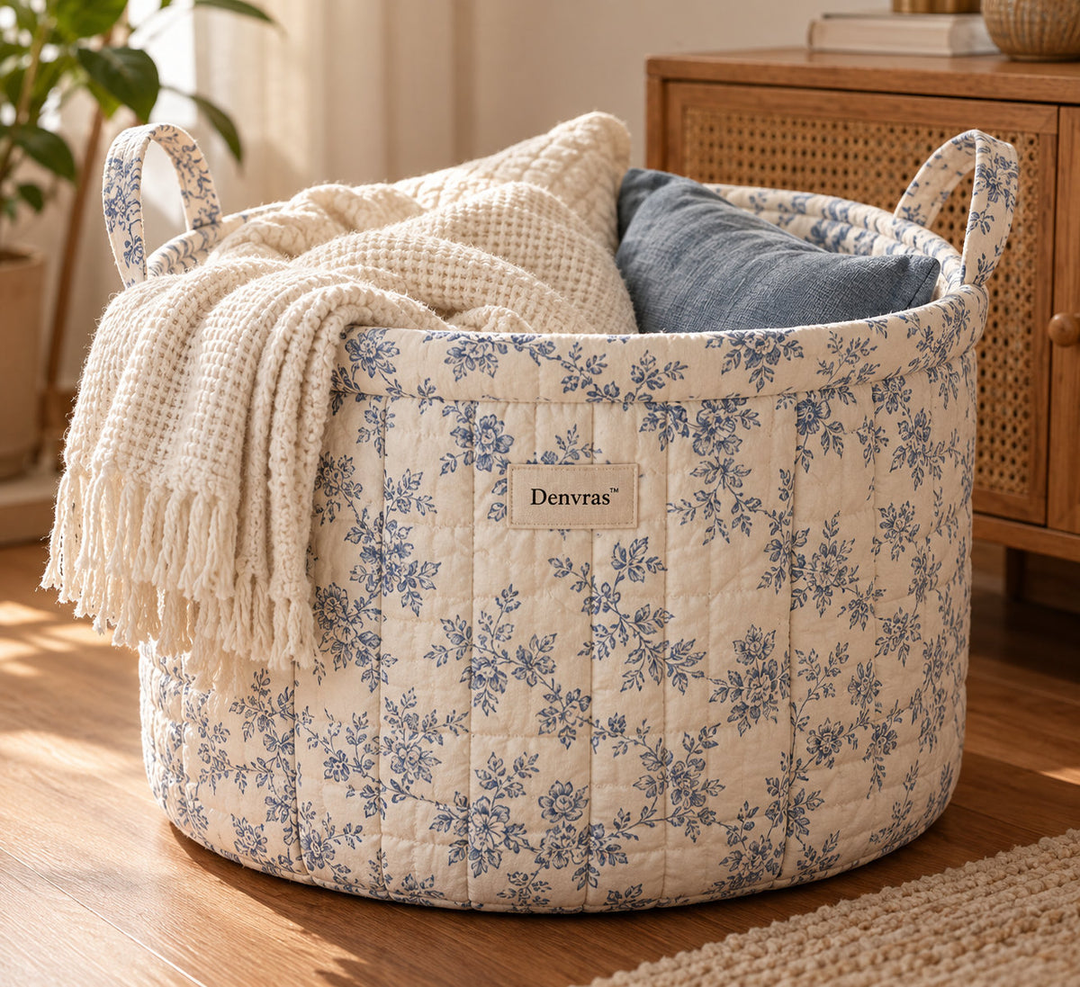 Denvras™ Blue Cottage Floral Large Round Storage Basket — product view