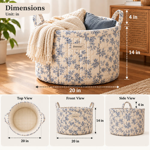 Denvras™ Blue Cottage Floral Large Round Storage Basket — dimensions