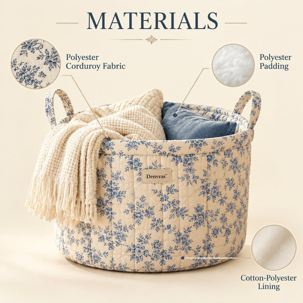 Denvras™ Blue Cottage Floral Large Round Storage Basket — materials