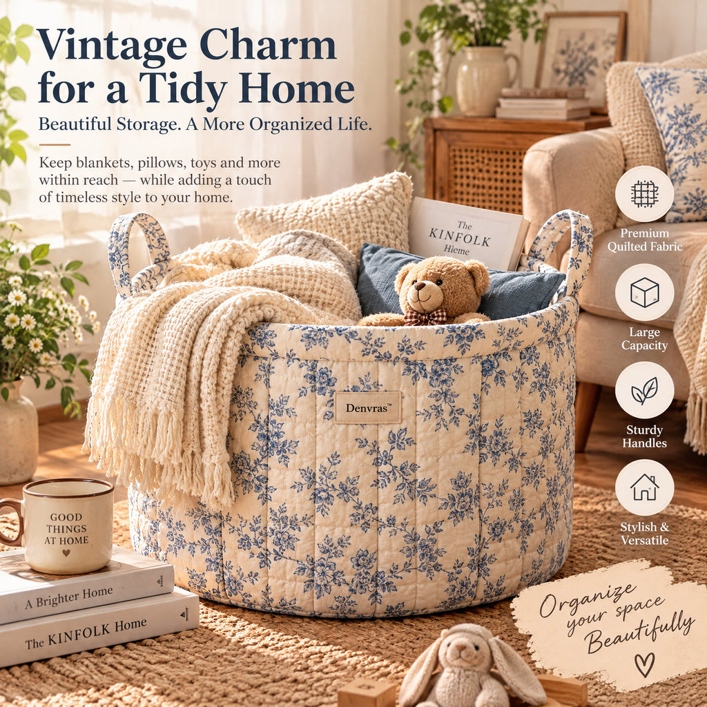 Denvras™ Blue Cottage Floral Large Round Storage Basket — styled home