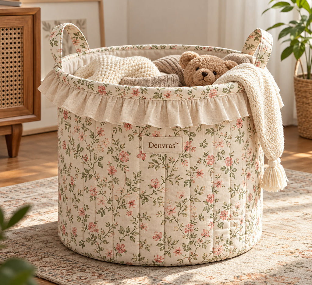 Denvras™ Rosebud Floral Ruffle Round Storage Basket — product view