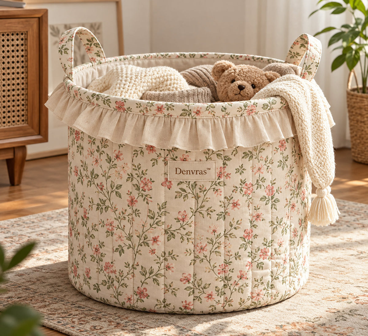 Denvras™ Rosebud Floral Ruffle Round Storage Basket — product view