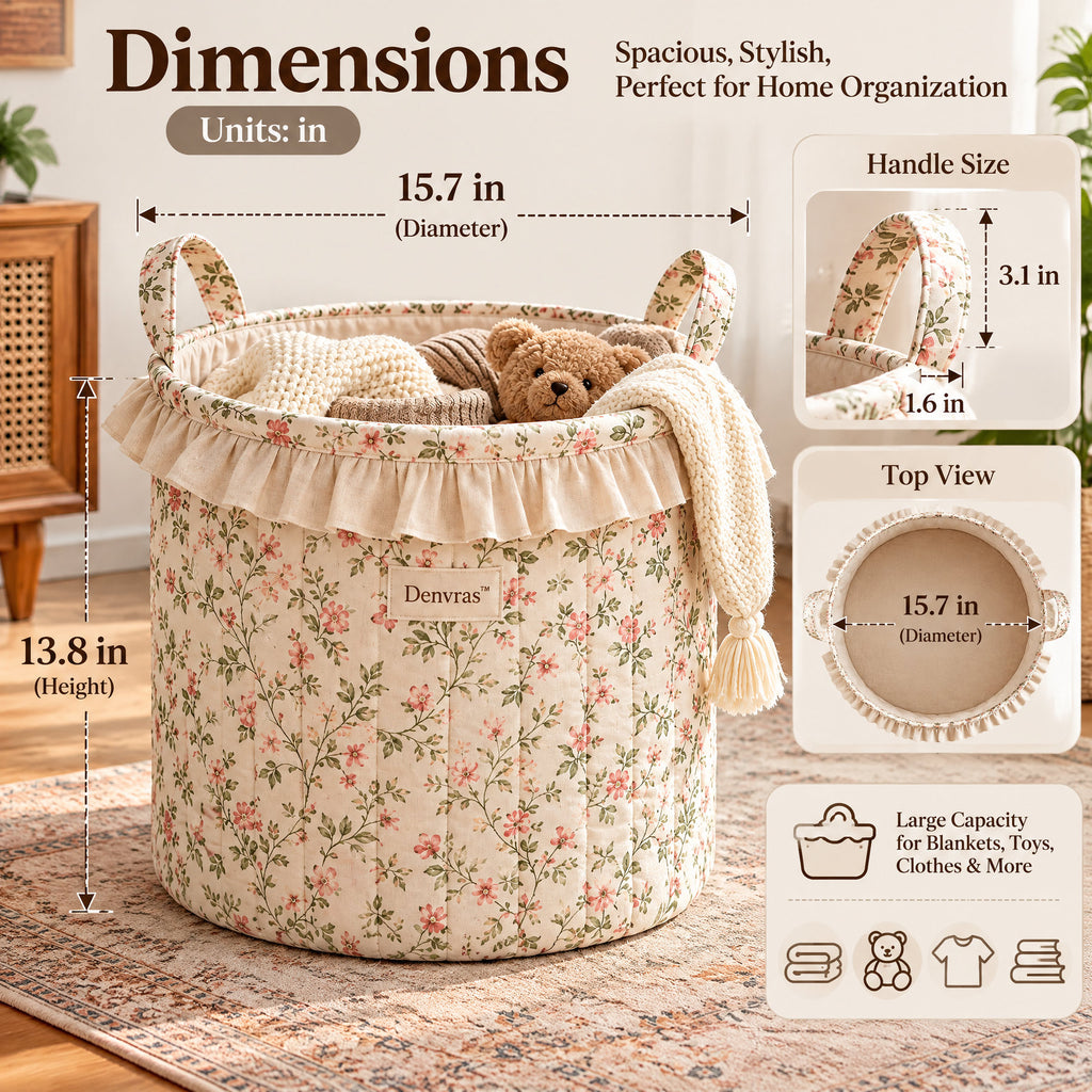 Denvras™ Rosebud Floral Ruffle Round Storage Basket — dimensions