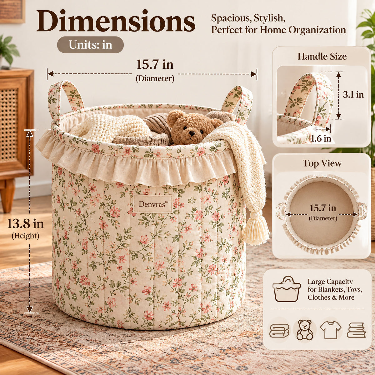 Denvras™ Rosebud Floral Ruffle Round Storage Basket — dimensions