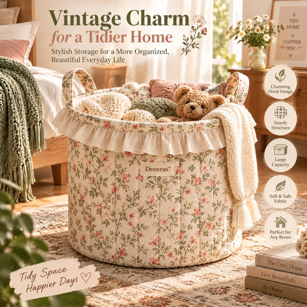 Denvras™ Rosebud Floral Ruffle Round Storage Basket — styled home